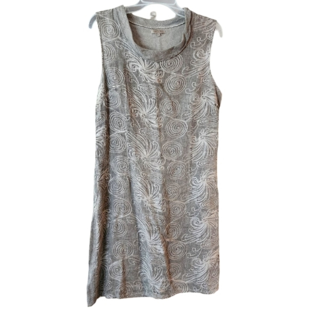 Lina Tomei 100% Linen Embroidered Gray Mini Dress Women's Large